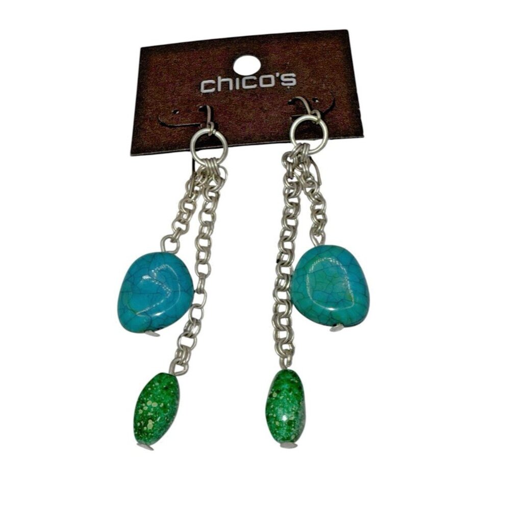 Chico's Silver & Turquoise Blue Green Dangle Bead 3" Earrings NEW - Picture 2 of 4